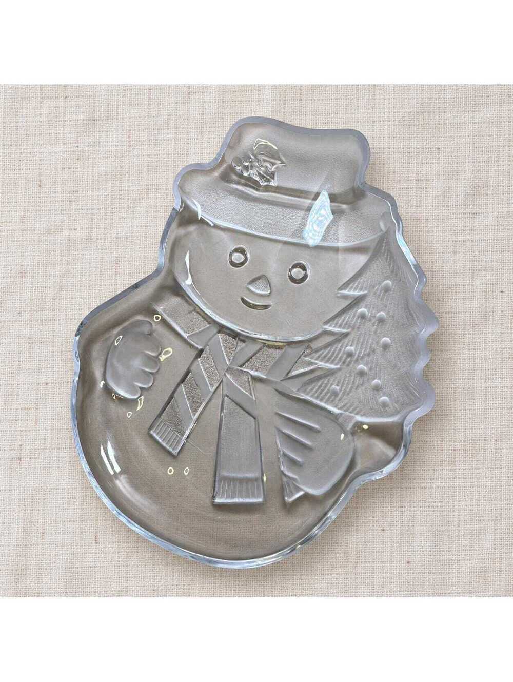 Vintage Prima Design Clear Glass Snowman Christmas Cookie Serving Tray